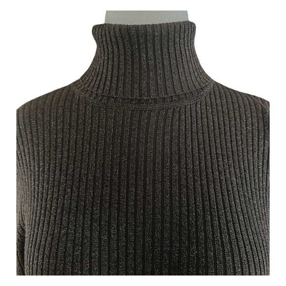 SOPHIE CHANG Vintage Women’s Tiny Knit Silk Turtleneck Size L Brown w/ Gold Yarn - Picture 3 of 5